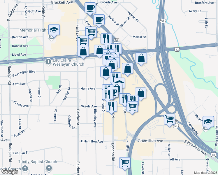 map of restaurants, bars, coffee shops, grocery stores, and more near 2621 Henry Avenue in Eau Claire