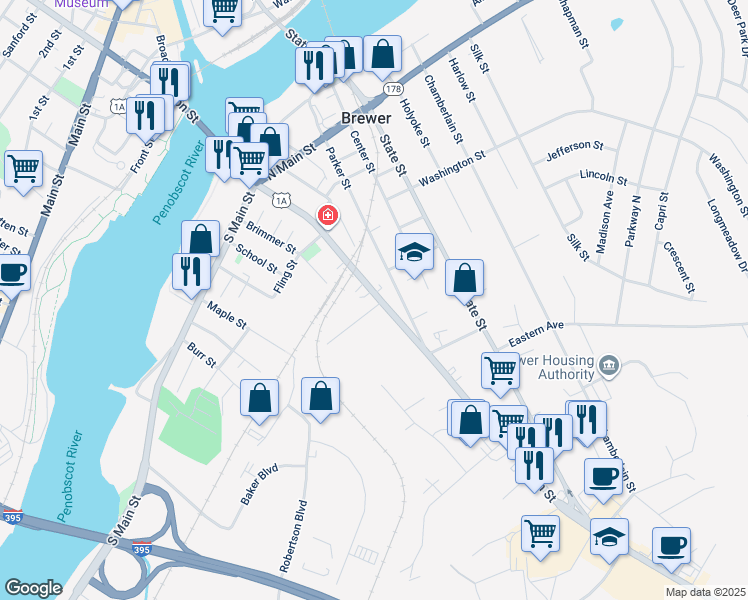 map of restaurants, bars, coffee shops, grocery stores, and more near 223 Wilson Street in Brewer