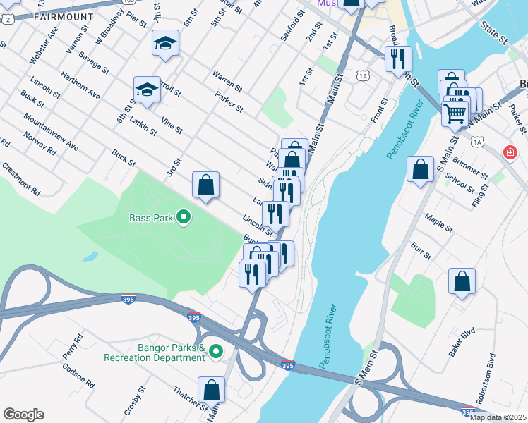 map of restaurants, bars, coffee shops, grocery stores, and more near 67 Larkin Street in Bangor