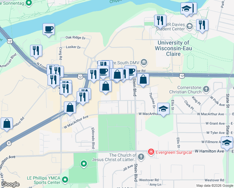 map of restaurants, bars, coffee shops, grocery stores, and more near 915 West Clairemont Avenue in Eau Claire