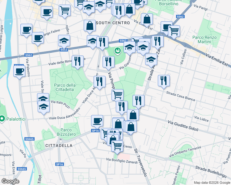 map of restaurants, bars, coffee shops, grocery stores, and more near 21 Via Torelli in Parma