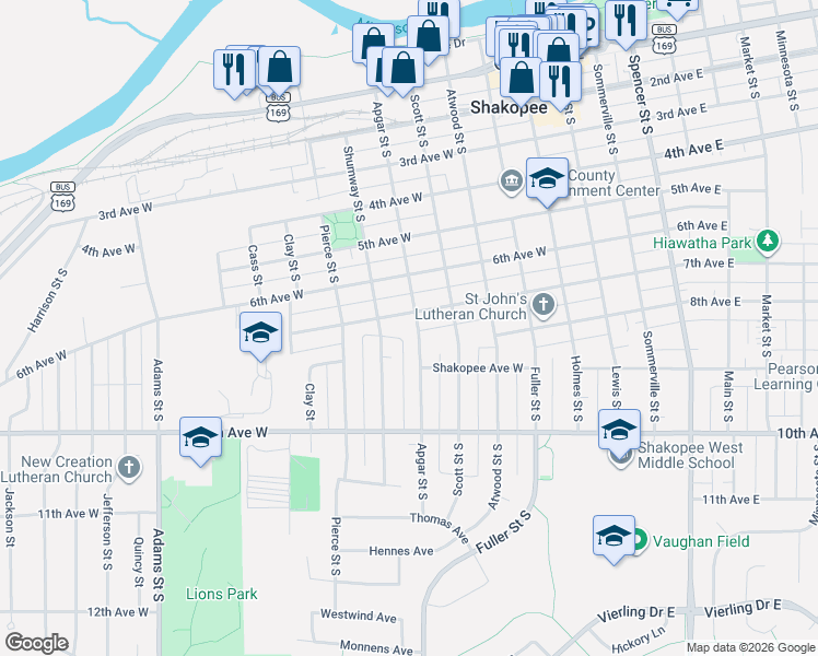 map of restaurants, bars, coffee shops, grocery stores, and more near 506 7th Avenue West in Shakopee