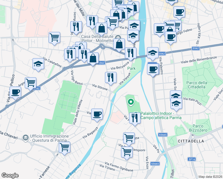 map of restaurants, bars, coffee shops, grocery stores, and more near 30 Via Stanislao Solari in Parma