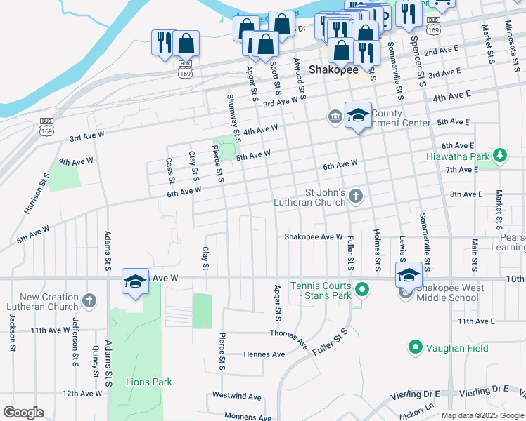 map of restaurants, bars, coffee shops, grocery stores, and more near 506 7th Avenue West in Shakopee