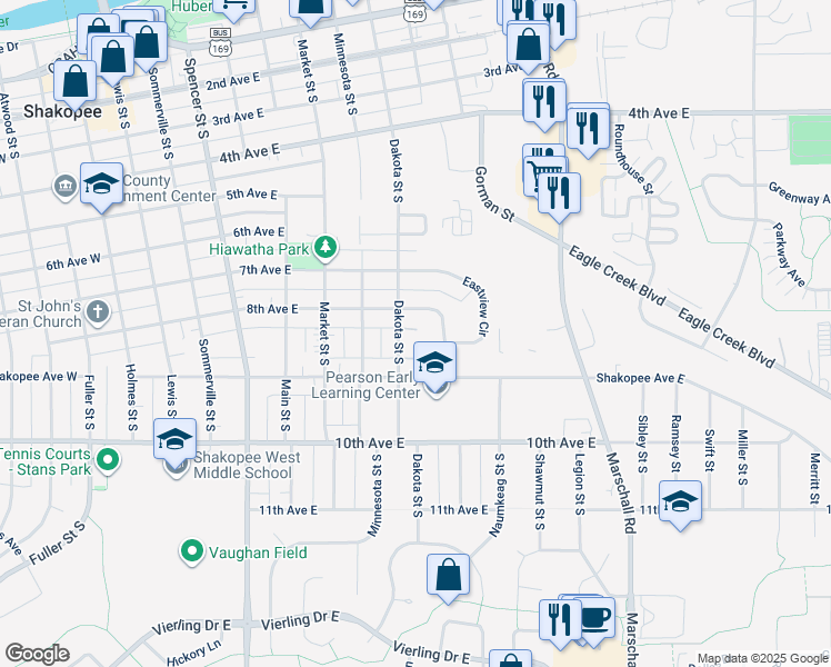 map of restaurants, bars, coffee shops, grocery stores, and more near 830 Prairie Street South in Shakopee