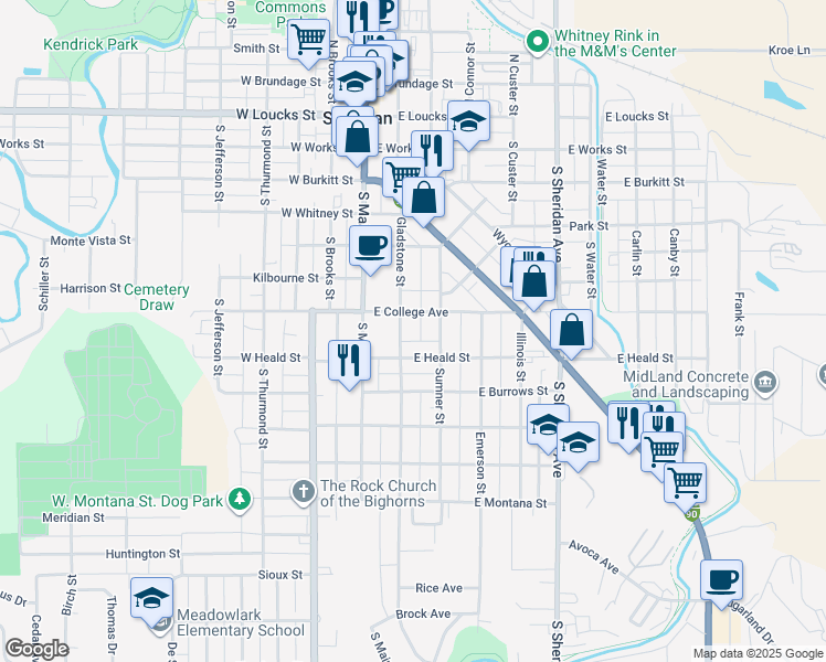 map of restaurants, bars, coffee shops, grocery stores, and more near 625 Gladstone Street in Sheridan