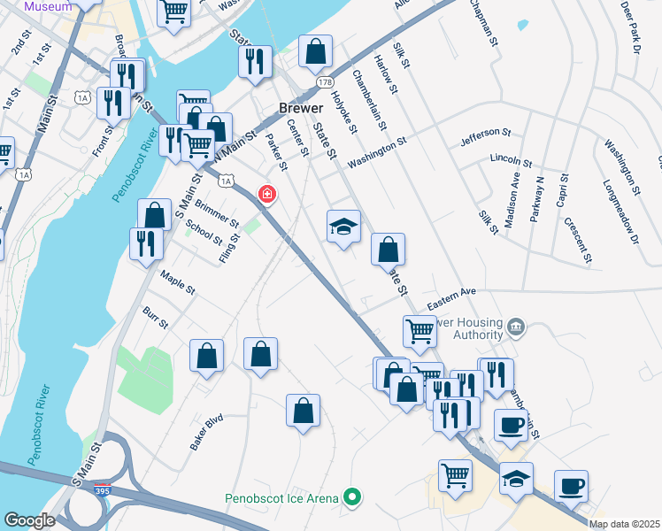 map of restaurants, bars, coffee shops, grocery stores, and more near 134 Parker Street in Brewer