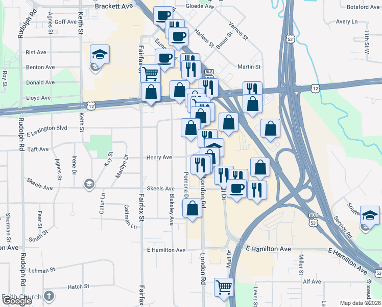 map of restaurants, bars, coffee shops, grocery stores, and more near 2610 Henry Avenue in Eau Claire