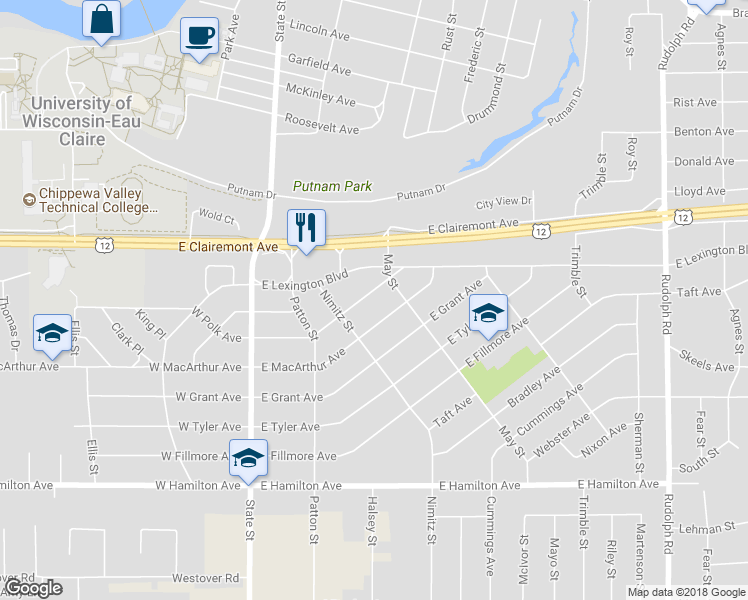 map of restaurants, bars, coffee shops, grocery stores, and more near 609 East Polk Avenue in Eau Claire