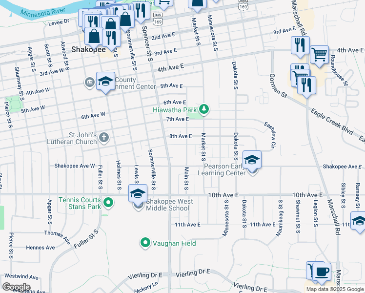 map of restaurants, bars, coffee shops, grocery stores, and more near 818 Main Street South in Shakopee