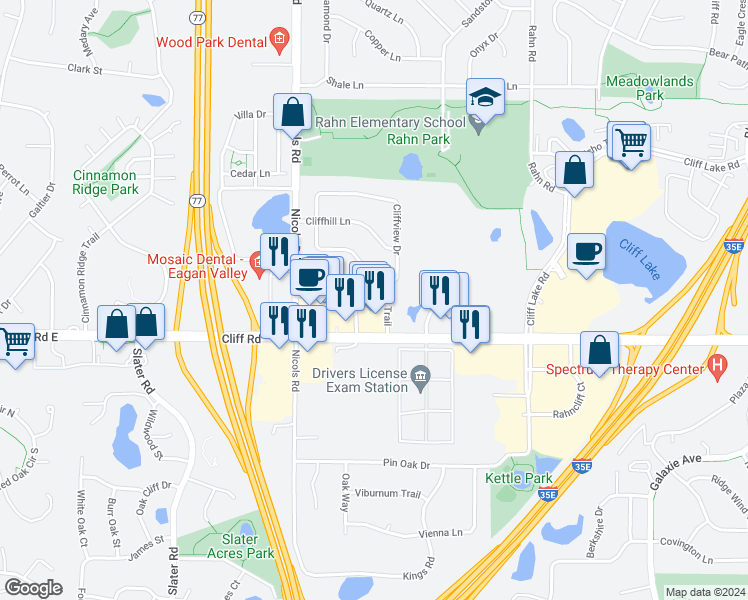 map of restaurants, bars, coffee shops, grocery stores, and more near 4565 Scott Trail in Eagan