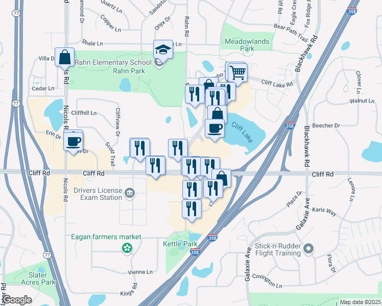 map of restaurants, bars, coffee shops, grocery stores, and more near 2000 Cliff Lake Road in Eagan