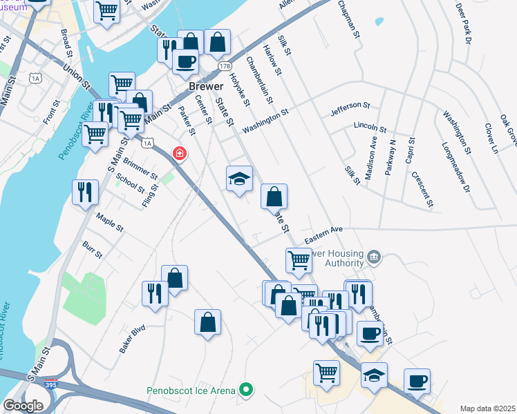 map of restaurants, bars, coffee shops, grocery stores, and more near 266 Center Street in Brewer