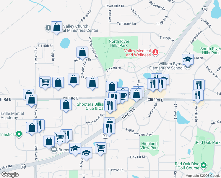 map of restaurants, bars, coffee shops, grocery stores, and more near 11751 West River Hills Drive in Burnsville