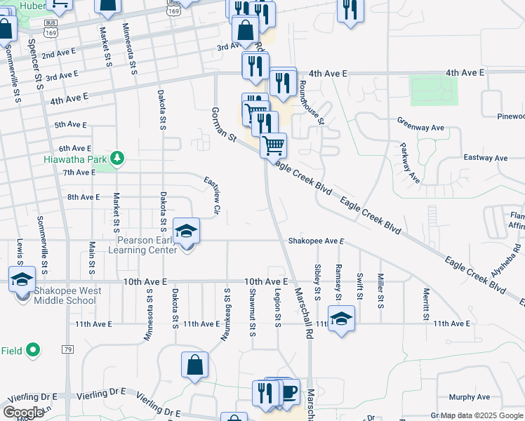 map of restaurants, bars, coffee shops, grocery stores, and more near 836 Marschall Road in Shakopee