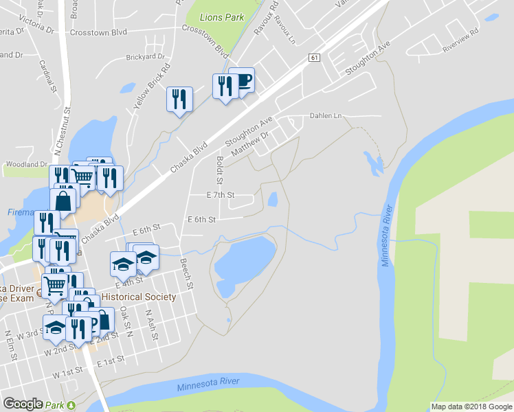 map of restaurants, bars, coffee shops, grocery stores, and more near 729 East 7th Street in Chaska