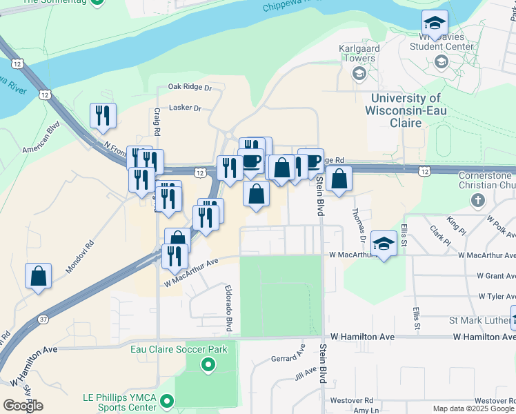 map of restaurants, bars, coffee shops, grocery stores, and more near 967 West Clairemont Avenue in Eau Claire