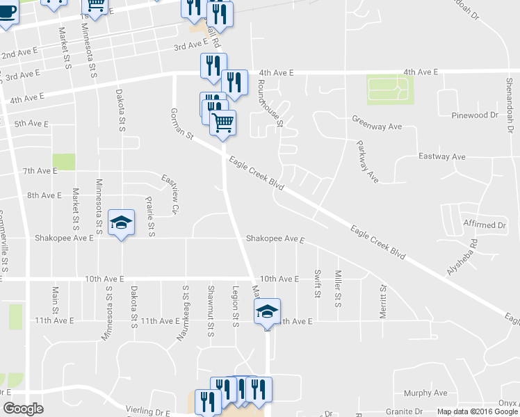 map of restaurants, bars, coffee shops, grocery stores, and more near 1470 Roundhouse Circle in Shakopee