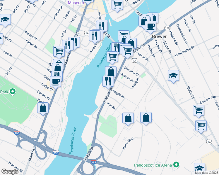 map of restaurants, bars, coffee shops, grocery stores, and more near 129 South Main Street in Brewer