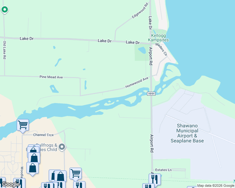 map of restaurants, bars, coffee shops, grocery stores, and more near W6595 Homewood Avenue in Shawano