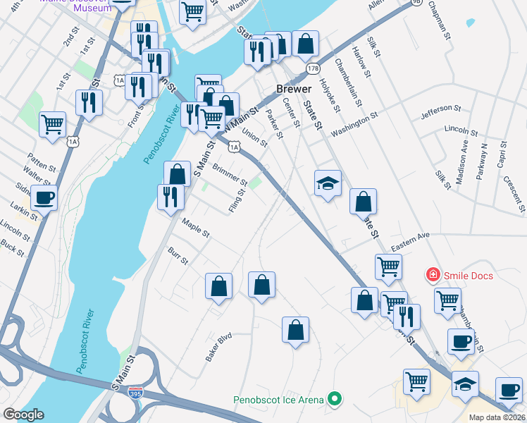 map of restaurants, bars, coffee shops, grocery stores, and more near 59 Brimmer Street in Brewer
