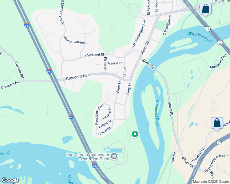 map of restaurants, bars, coffee shops, grocery stores, and more near 708 Plum Street in Eau Claire