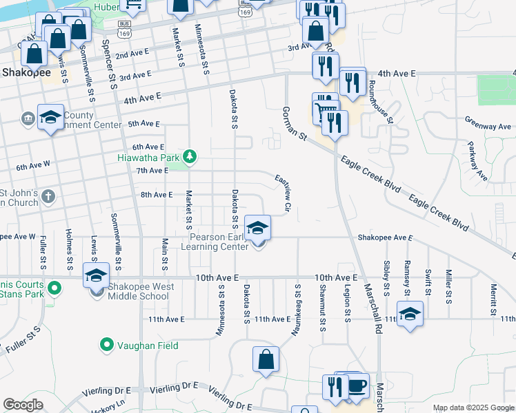 map of restaurants, bars, coffee shops, grocery stores, and more near 830 Prairie Street South in Shakopee