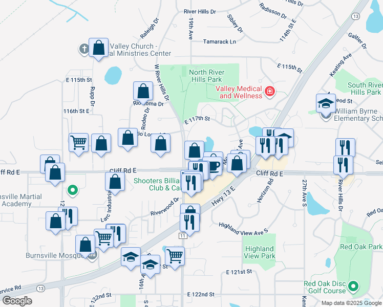 map of restaurants, bars, coffee shops, grocery stores, and more near 11751 West River Hills Drive in Burnsville