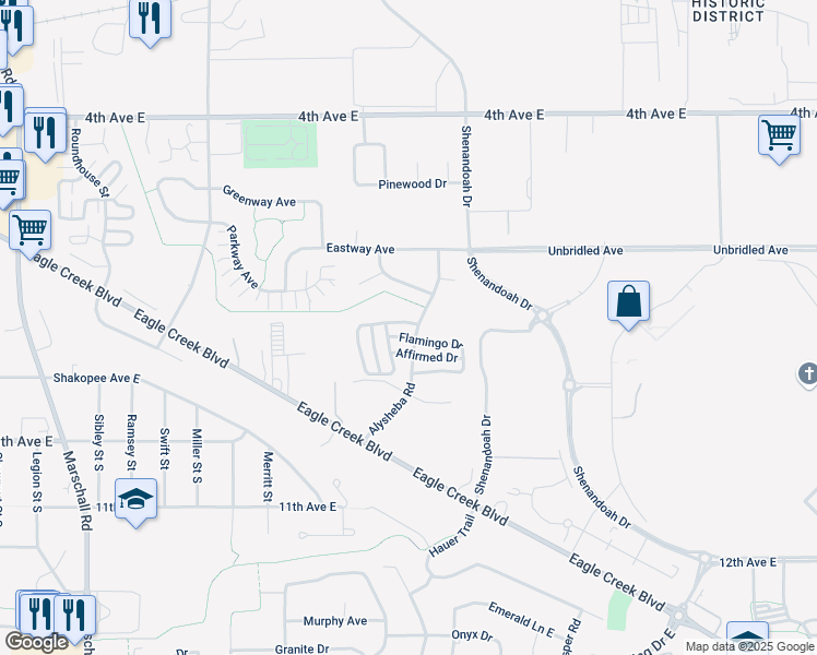 map of restaurants, bars, coffee shops, grocery stores, and more near 2194 Charismatic Drive in Shakopee