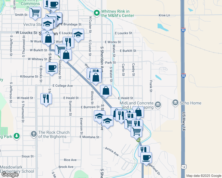 map of restaurants, bars, coffee shops, grocery stores, and more near 533 Wyoming Avenue in Sheridan