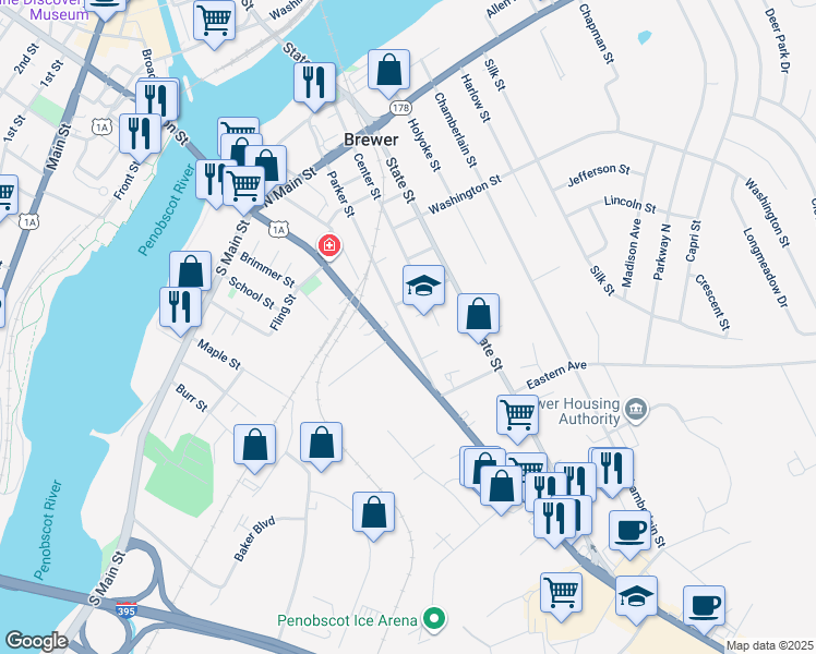 map of restaurants, bars, coffee shops, grocery stores, and more near 134 Parker Street in Brewer