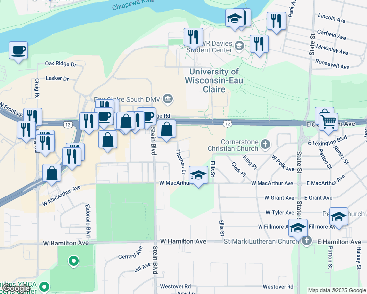 map of restaurants, bars, coffee shops, grocery stores, and more near 655 Kenney Avenue in Eau Claire