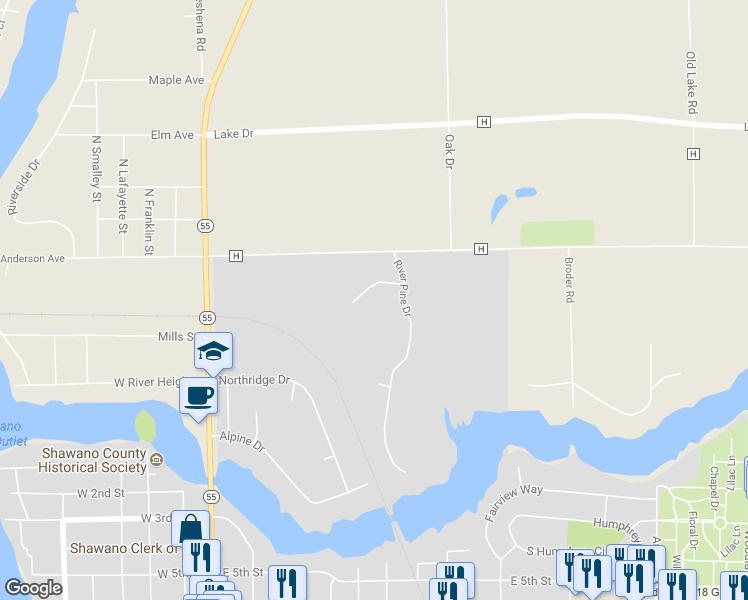 map of restaurants, bars, coffee shops, grocery stores, and more near 125 Gannon Court in Shawano