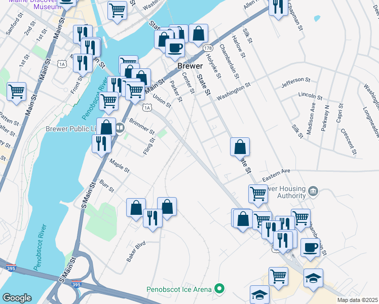 map of restaurants, bars, coffee shops, grocery stores, and more near 223 Wilson Street in Brewer