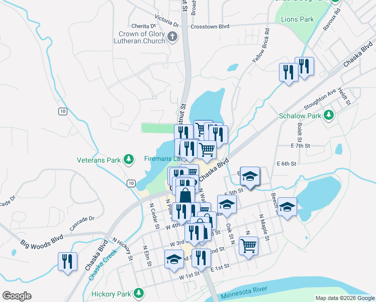 map of restaurants, bars, coffee shops, grocery stores, and more near 810 Walnut Place in Chaska