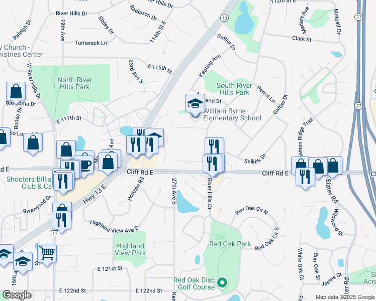 map of restaurants, bars, coffee shops, grocery stores, and more near 2800 Selkirk Drive in Burnsville