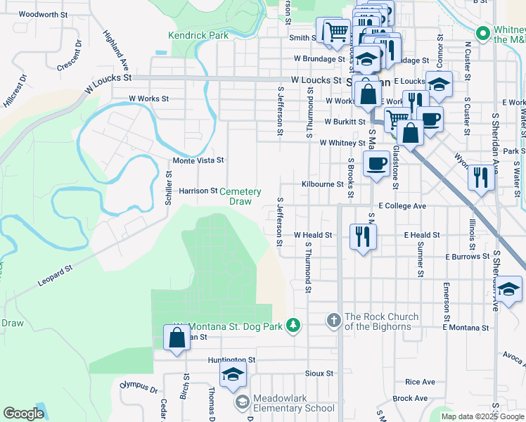 map of restaurants, bars, coffee shops, grocery stores, and more near 610 South Jefferson Street in Sheridan