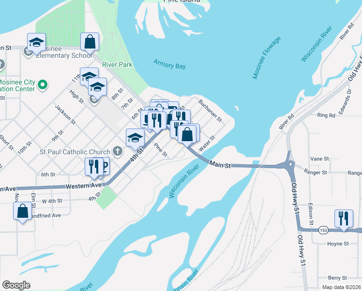 map of restaurants, bars, coffee shops, grocery stores, and more near 401 2nd Street in Mosinee