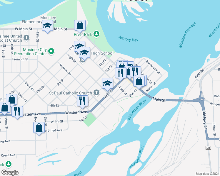 map of restaurants, bars, coffee shops, grocery stores, and more near 405 High Street in Mosinee