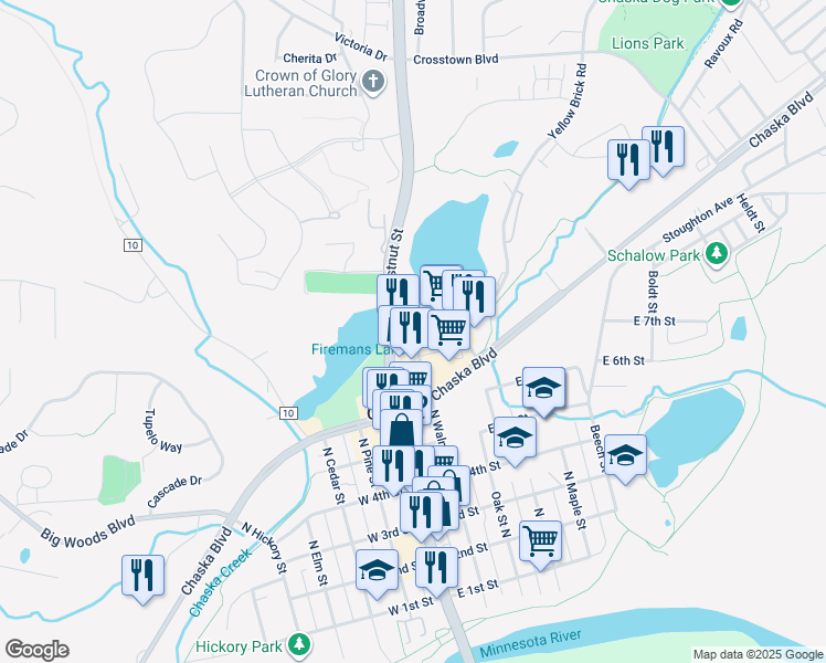 map of restaurants, bars, coffee shops, grocery stores, and more near 810 Walnut Place in Chaska