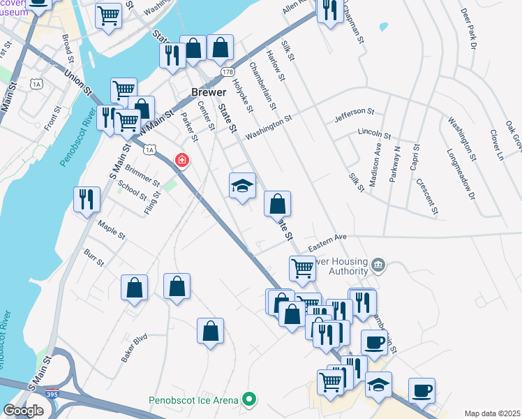 map of restaurants, bars, coffee shops, grocery stores, and more near 131 State Street in Brewer