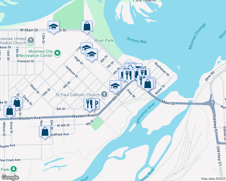 map of restaurants, bars, coffee shops, grocery stores, and more near 405 High St in Mosinee