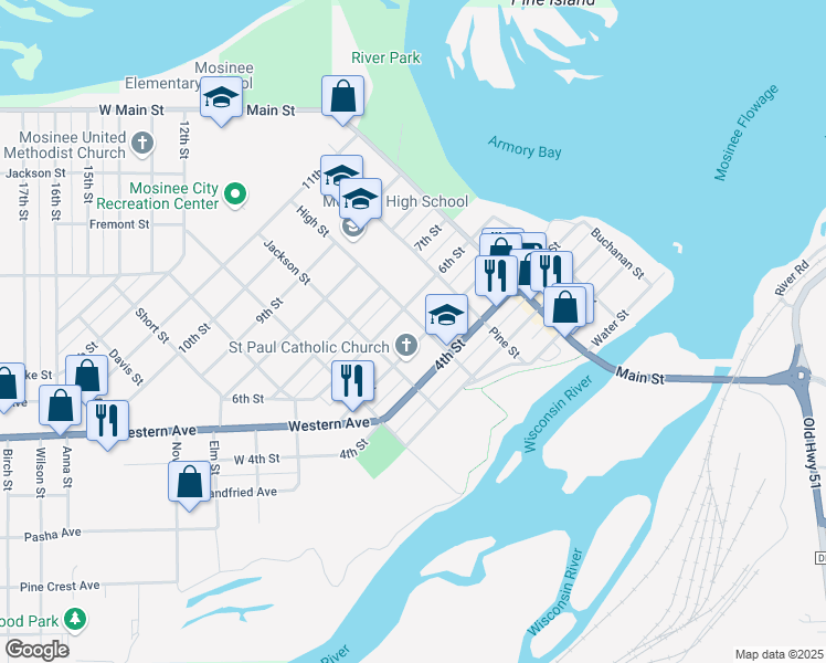 map of restaurants, bars, coffee shops, grocery stores, and more near 601 5th Street in Mosinee