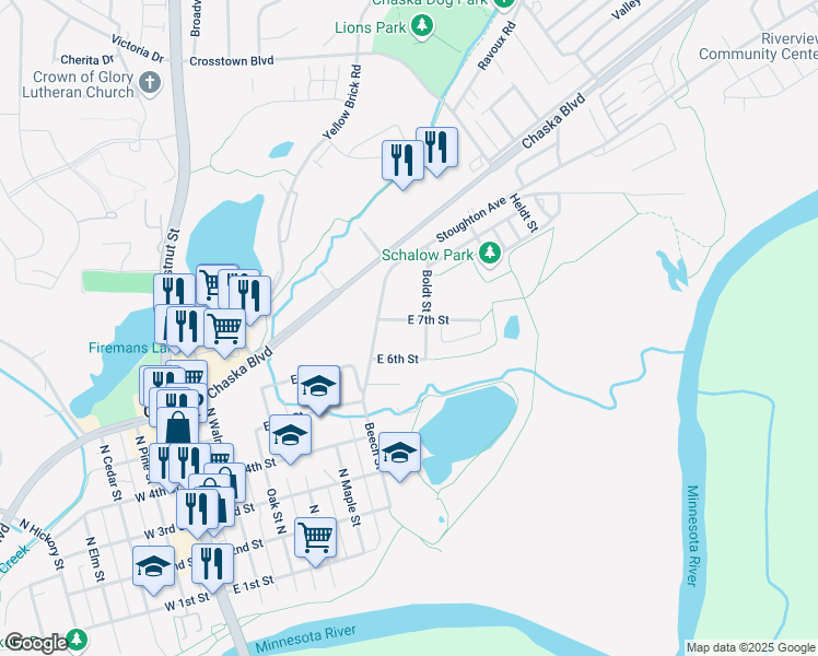 map of restaurants, bars, coffee shops, grocery stores, and more near 612 East 7th Street in Chaska