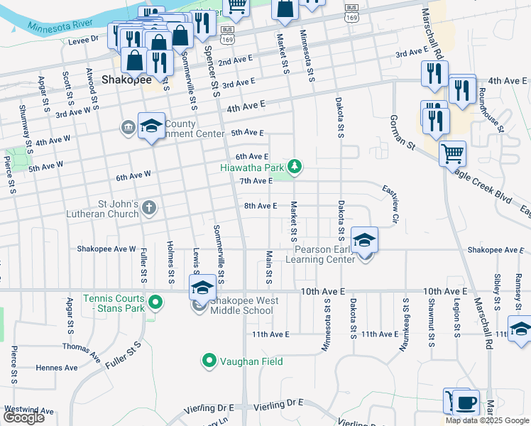 map of restaurants, bars, coffee shops, grocery stores, and more near 818 Main Street in Shakopee