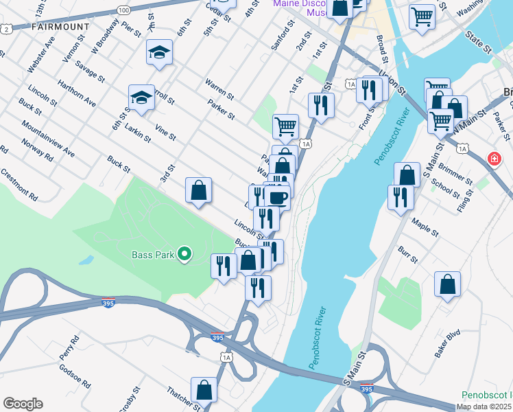 map of restaurants, bars, coffee shops, grocery stores, and more near 67 Larkin Street in Bangor