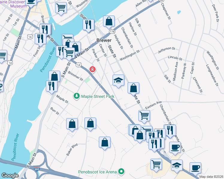 map of restaurants, bars, coffee shops, grocery stores, and more near 134 Parker Street in Brewer