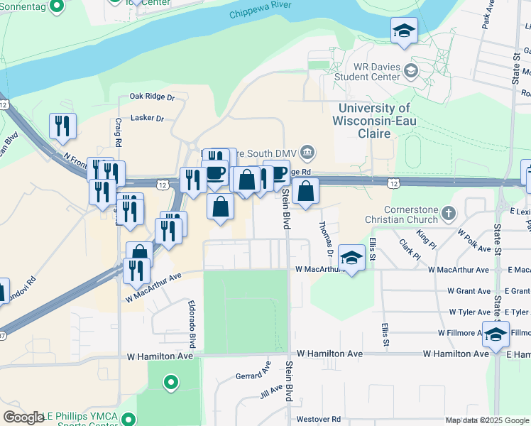 map of restaurants, bars, coffee shops, grocery stores, and more near 831 West Clairemont Avenue in Eau Claire