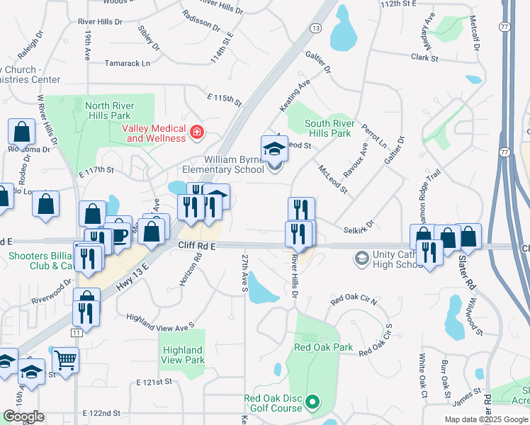 map of restaurants, bars, coffee shops, grocery stores, and more near 2700 Selkirk Drive in Burnsville