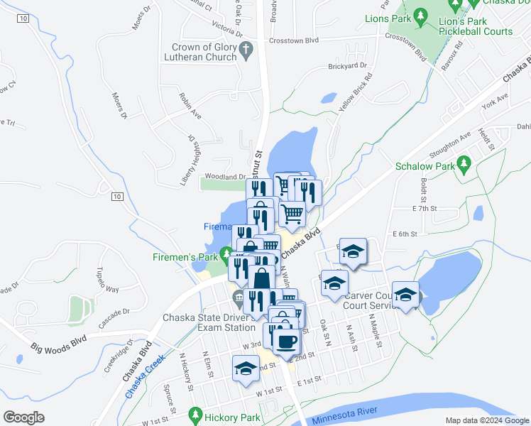 map of restaurants, bars, coffee shops, grocery stores, and more near 810 Walnut Place in Chaska